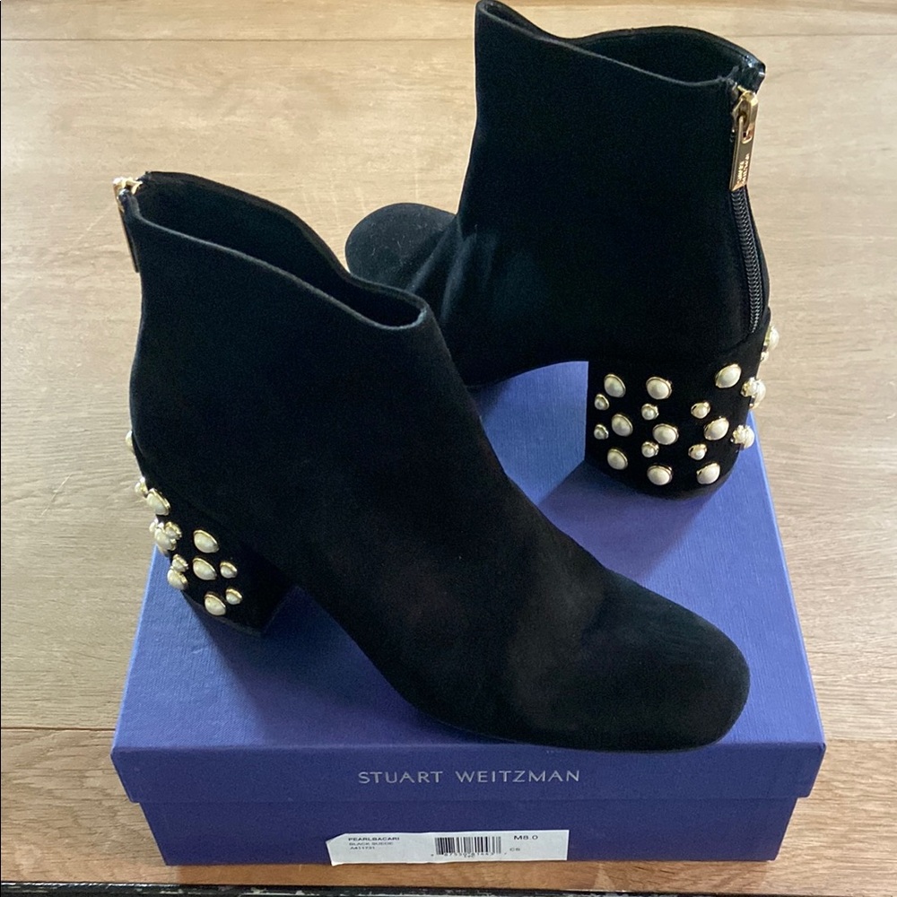 Stuart Weitzman Black Suede Studded Ankle Booties